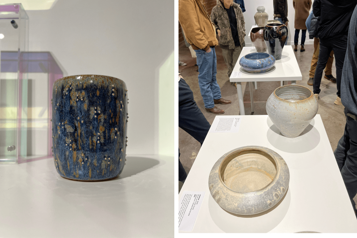 A side-by-side image showing a ceramic pot on display as well as a series of ceramics on tables at an art gallery in Tulsa, Oklahoma.